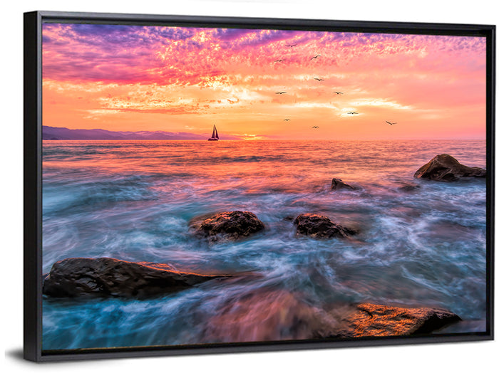 Vivid Ocean Sunset Wall Art as a framed canvas
