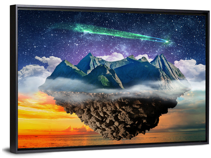 Starry Floating Mountain Island Wall Art as a framed canvas
