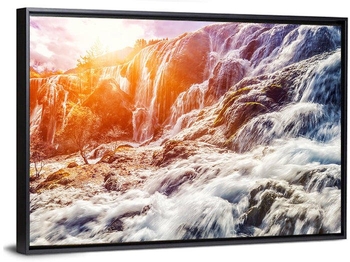 Sunlit Mountain Waterfall Closeup Wall Art as a framed canvas