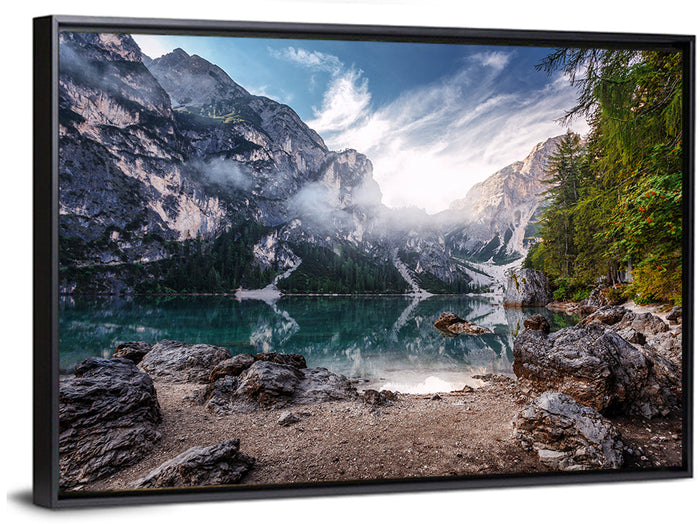 Lago Di Braies Reflection Wall Art as a framed canvas