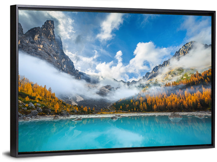 Autumn at Lake Sorapis, Dolomites Wall Art as a framed canvas