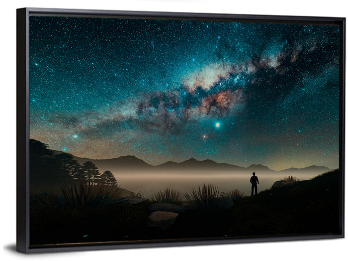Milky Way Over Misty Mountain Ridge Wall Art as a framed canvas