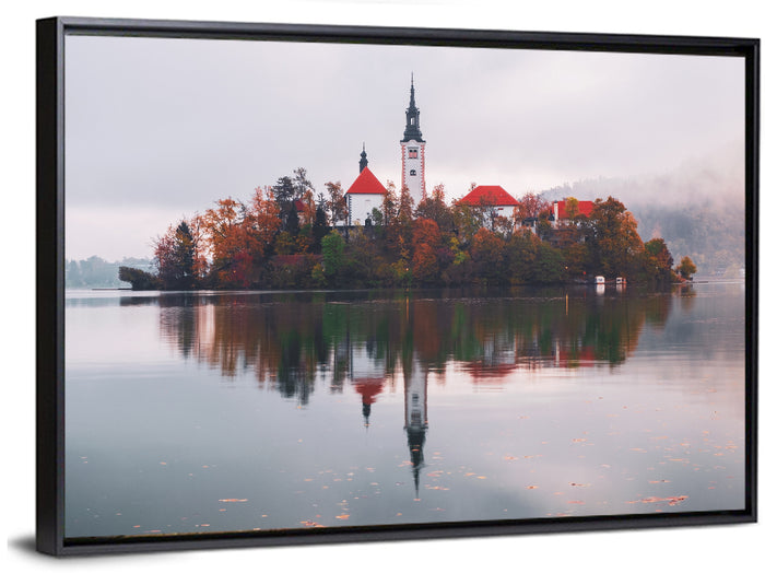 Lake Bled Morning Reflection Wall Art as a framed canvas