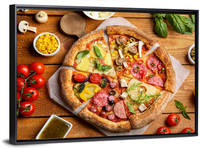 Sliced Pizza on Wooden Board Wall Art as a framed canvas