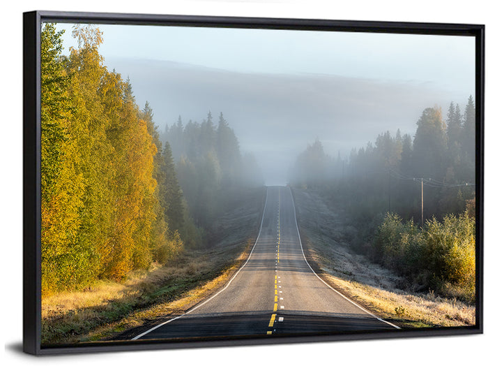 Misty Finnish Forest Highway Wall Art as a framed canvas