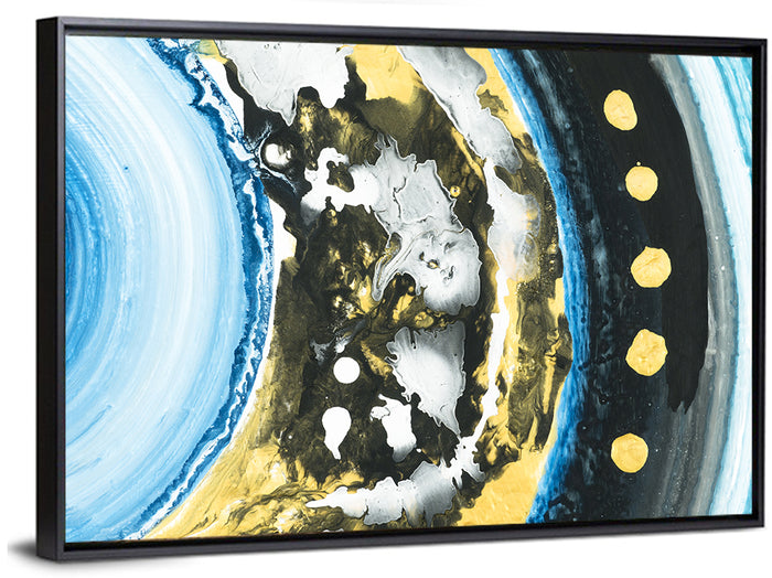 Planet Rings in Blue and Gold Wall Art as a framed canvas
