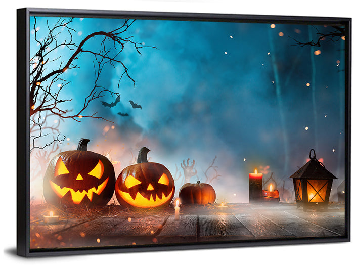 Foggy Halloween Pumpkins Wall Art as a framed canvas