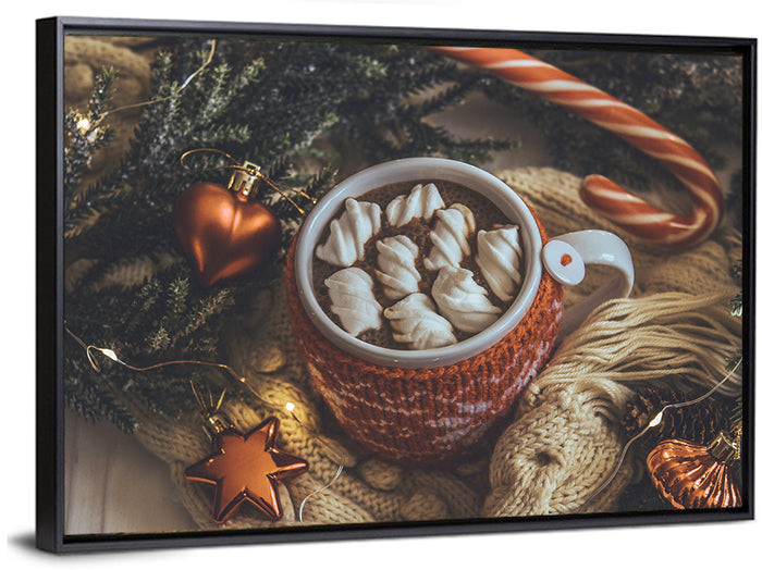 Festive Hot Cocoa Mug Wall Art as a framed canvas