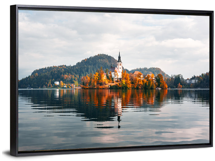 Lake Bled Island Reflection Wall Art as a framed canvas