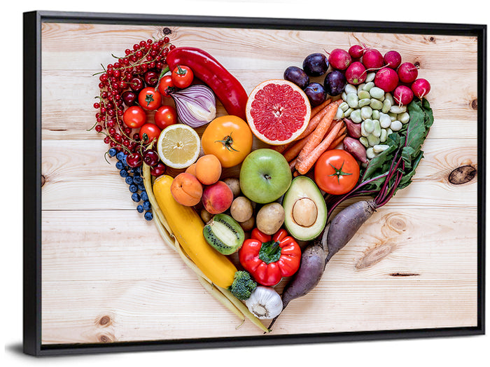 Heart of Fresh Fruits and Vegetables Wall Art as a framed canvas
