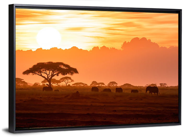 African Elephant Herd at Sunset Wall Art as a framed canvas