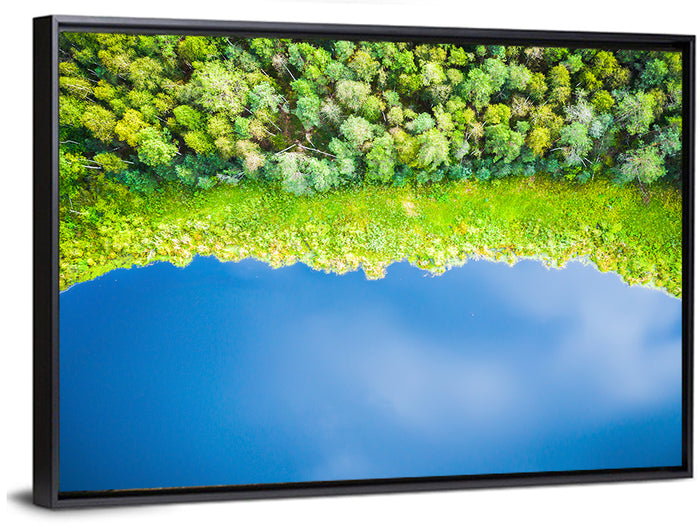 Aerial Blue Lake Over Woodland Wall Art as a framed canvas
