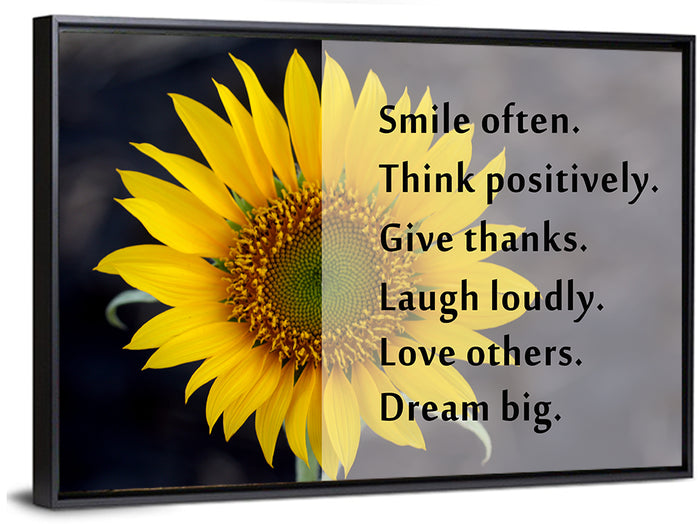 Sunflower Smile Typography Wall Art as a framed canvas