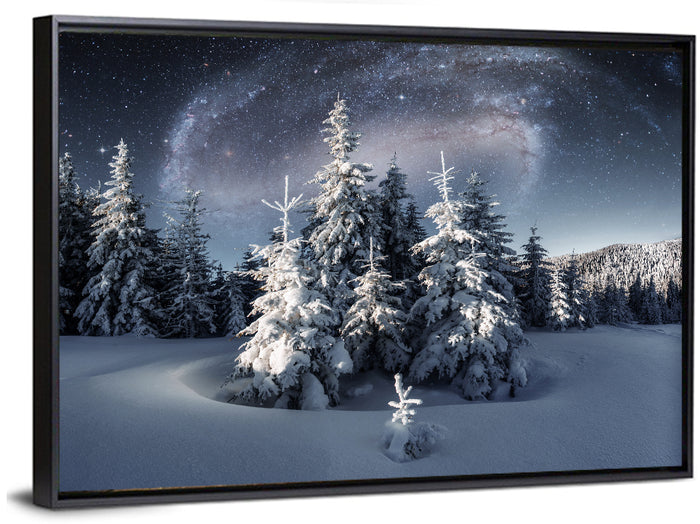 Milky Way Winter Forest Wall Art as a framed canvas