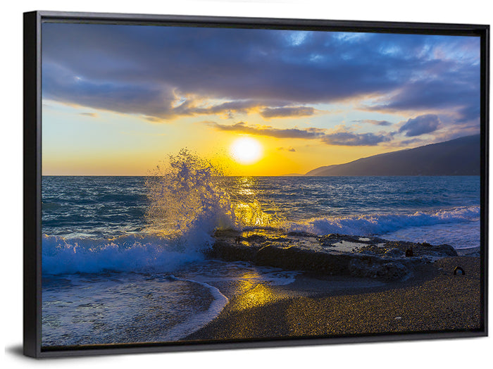 Crashing Wave at Golden Sunset Wall Art as a framed canvas