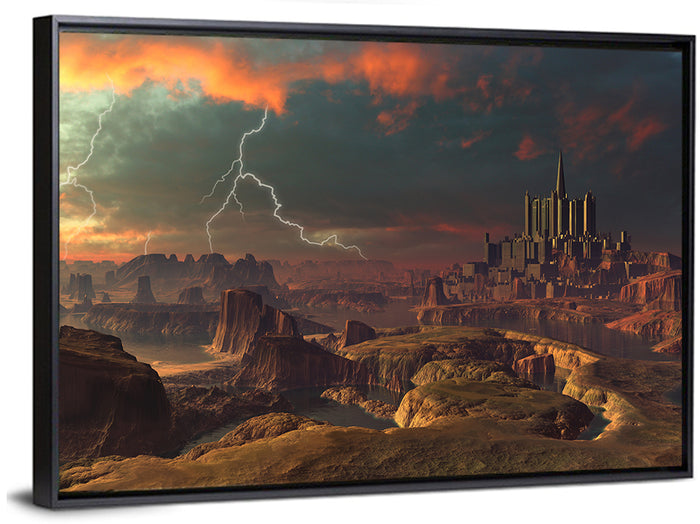 Dusk Storm Over Alien Fortress Wall Art as a framed canvas