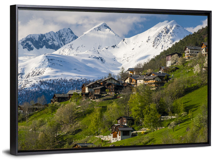Saas-fee Alpine Village in Spring Wall Art as a framed canvas
