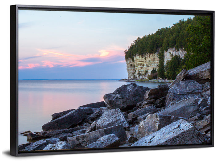 Lake Michigan Sunset Cliffs Wall Art as a framed canvas