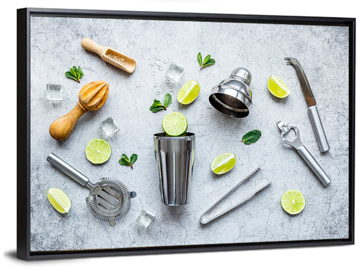 Mojito Bar Utensils Wall Art as a framed canvas