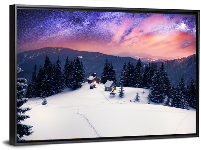 Starry Winter Cabins Under the Milky Way Wall Art as a framed canvas