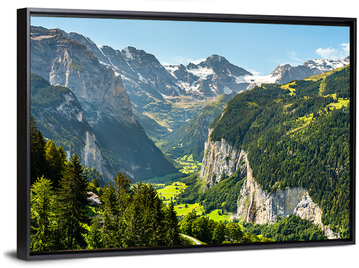 Lauterbrunnen Valley Waterfall View Wall Art as a framed canvas