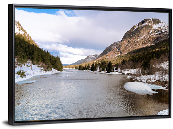 Grungevatn Winter River and Lake Wall Art as a framed canvas