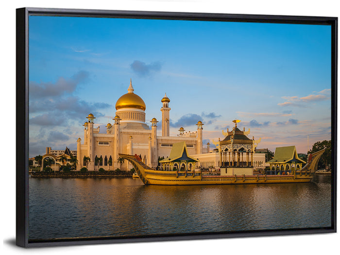 Sultan Omar Ali Saifuddien Mosque at Golden Hour Wall Art as a framed canvas