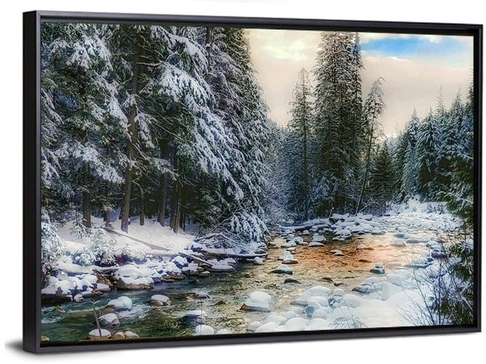 Winter Creek in Snowy Pines Wall Art as a framed canvas
