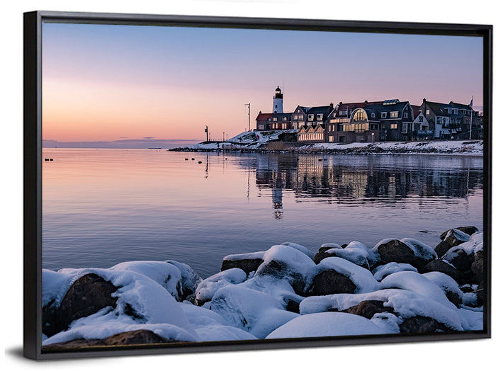Urk Lighthouse Winter Twilight Harbor Wall Art as a framed canvas