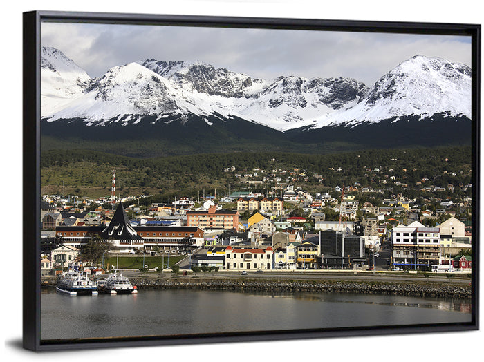 Ushuaia Harbor and Snowcapped Mountains Wall Art as a framed canvas