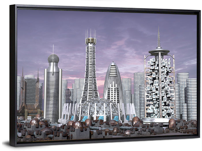 Purple Dusk Futuristic Cityscape Wall Art as a framed canvas