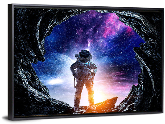 Astronaut at Alien Planet Cave Wall Art as a framed canvas