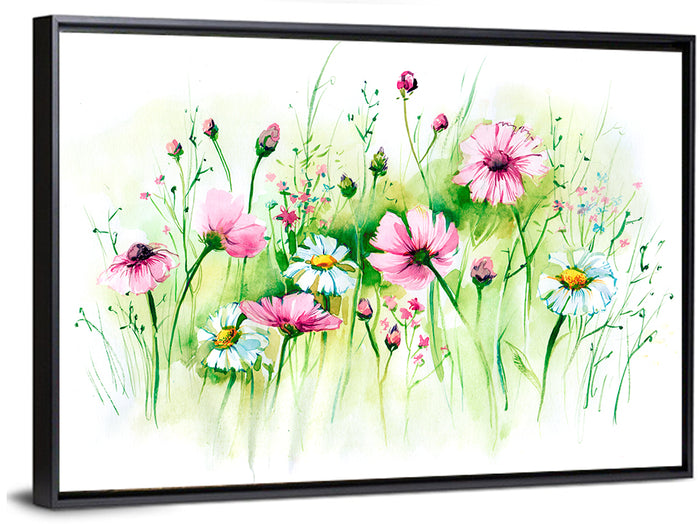 Airy Wildflower Meadow Watercolor Wall Art as a framed canvas