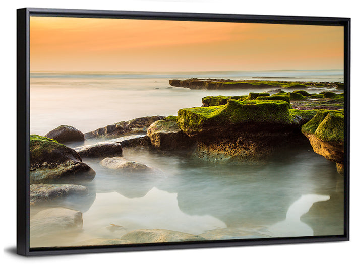 Mossy Rocky Coastline at Golden Hour Wall Art as a framed canvas