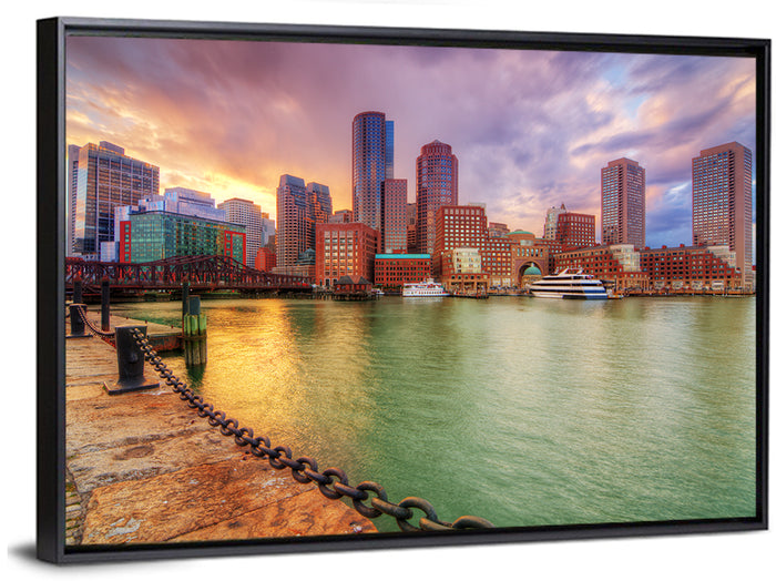 Boston Harbor Skyline at Sunset Wall Art as a framed canvas