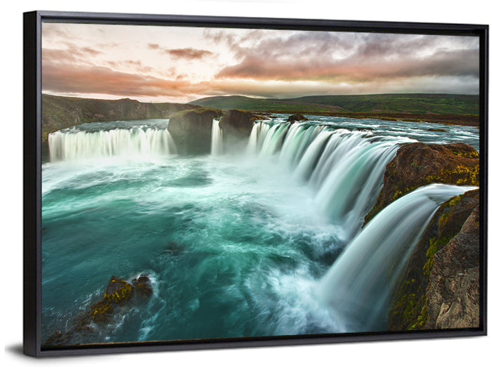 Goðafoss Waterfall at Golden Hour Wall Art as a framed canvas