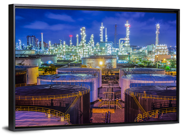 Illuminated Oil Refinery at Twilight Wall Art as a framed canvas