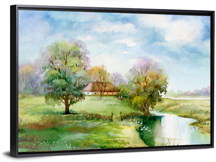 Spring Cottage by the Stream Wall Art as a framed canvas