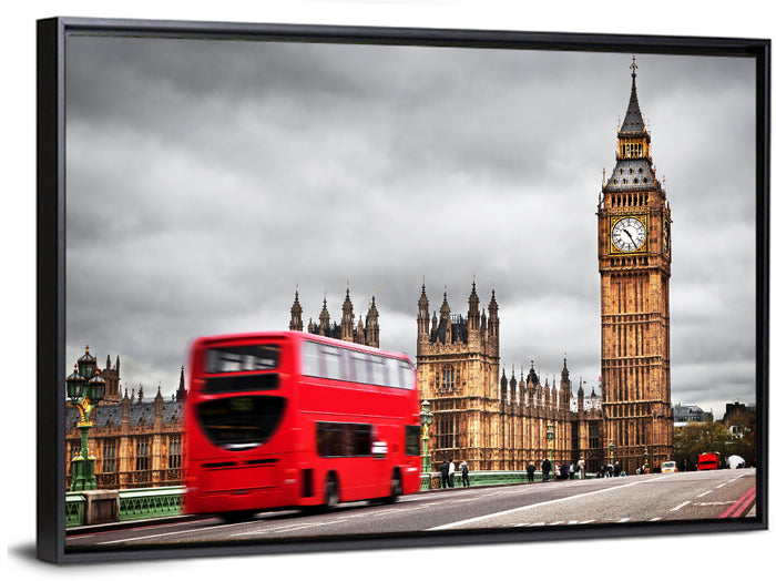 Big Ben with Red Bus, Westminster London Wall Art as a framed canvas