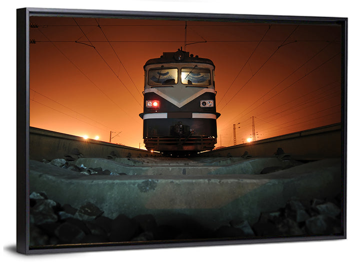 Cinematic Night Electric Locomotive Wall Art as a framed canvas