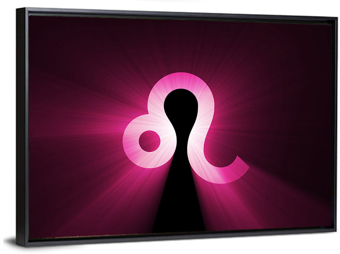 Glowing Magenta Leo Symbol Wall Art as a framed canvas