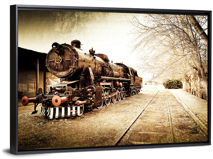 Sepia Steam Locomotive on Rusted Tracks Wall Art as a framed canvas