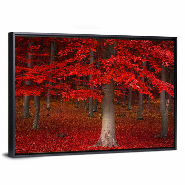 Red Forest Wall Art as a framed canvas