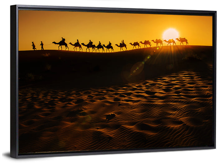 Camel Caravan Silhouette at Golden Sunset Wall Art as a framed canvas
