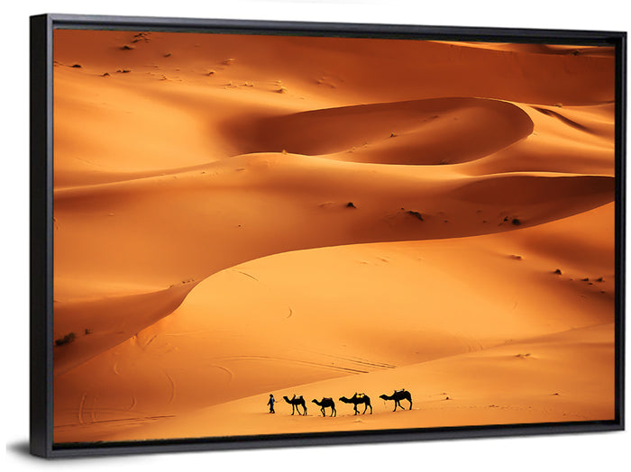 Desert Camel Caravan in Golden Dunes Wall Art as a framed canvas
