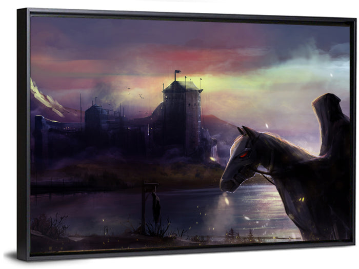 Horseman at Dusk by Misty Castle Wall Art as a framed canvas