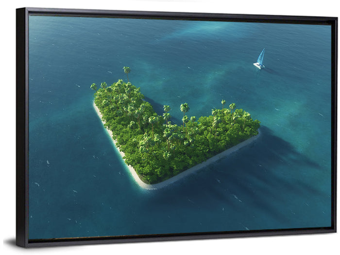 V-shaped Tropical Island with Distant Catamaran Wall Art as a framed canvas