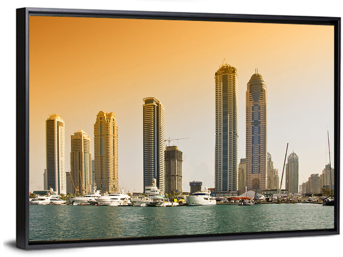 Dubai Marina Sunset Skyline with Yachts Wall Art as a framed canvas