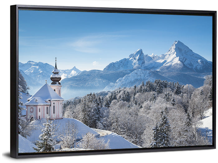 Maria Gern Church and Watzmann in Winter Wall Art as a framed canvas