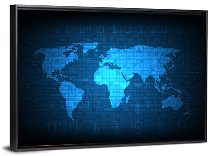 Binary Grid World Map Wall Art as a framed canvas